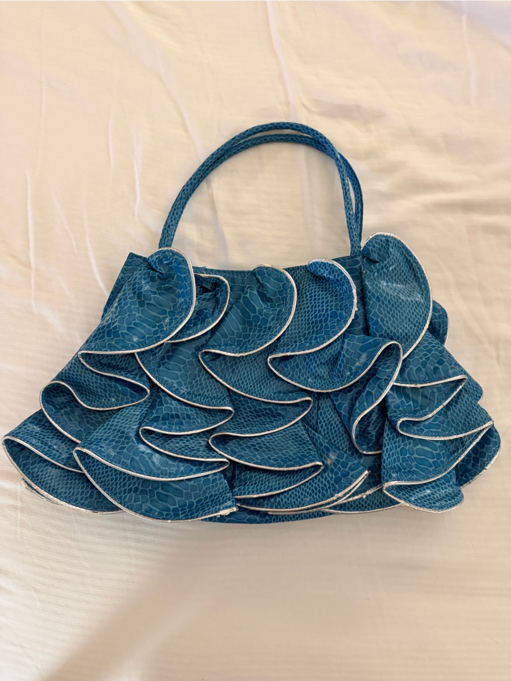 Textured Teal Ruffled Tote Bag